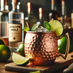 Miedziany kubek z lodem, limonką i miętą. W tle butelki, w tym z napisem "Moscow Mule". Idealny do przygotowania Moscow Mule przepis.